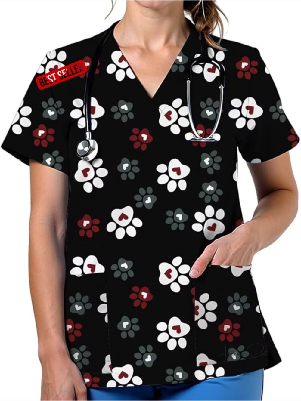 Cute Printed Scrub Top V Neck Short Sleeve Medical Nurse Uniform Soft With 2